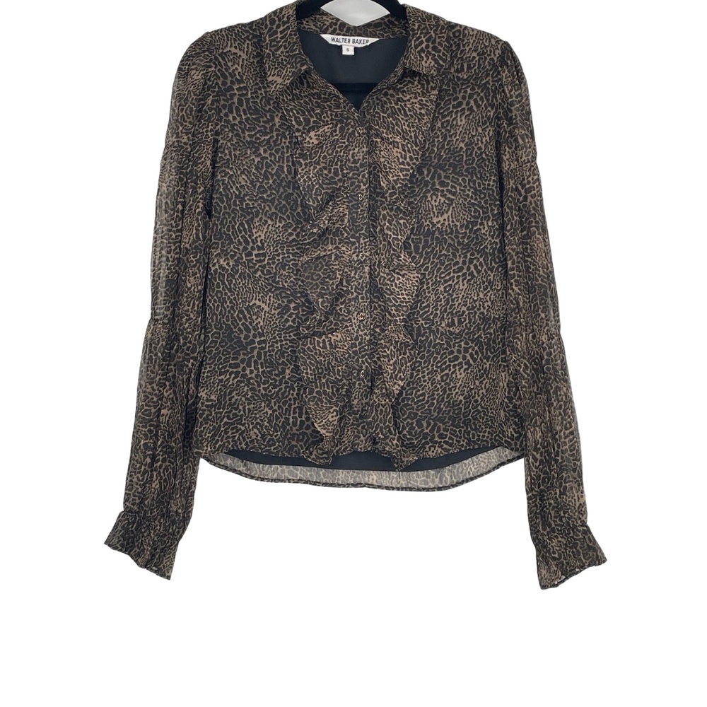 Walter Baker Chettah Print Sheer Ruffle Long Sleeve Button Down Blouse Small